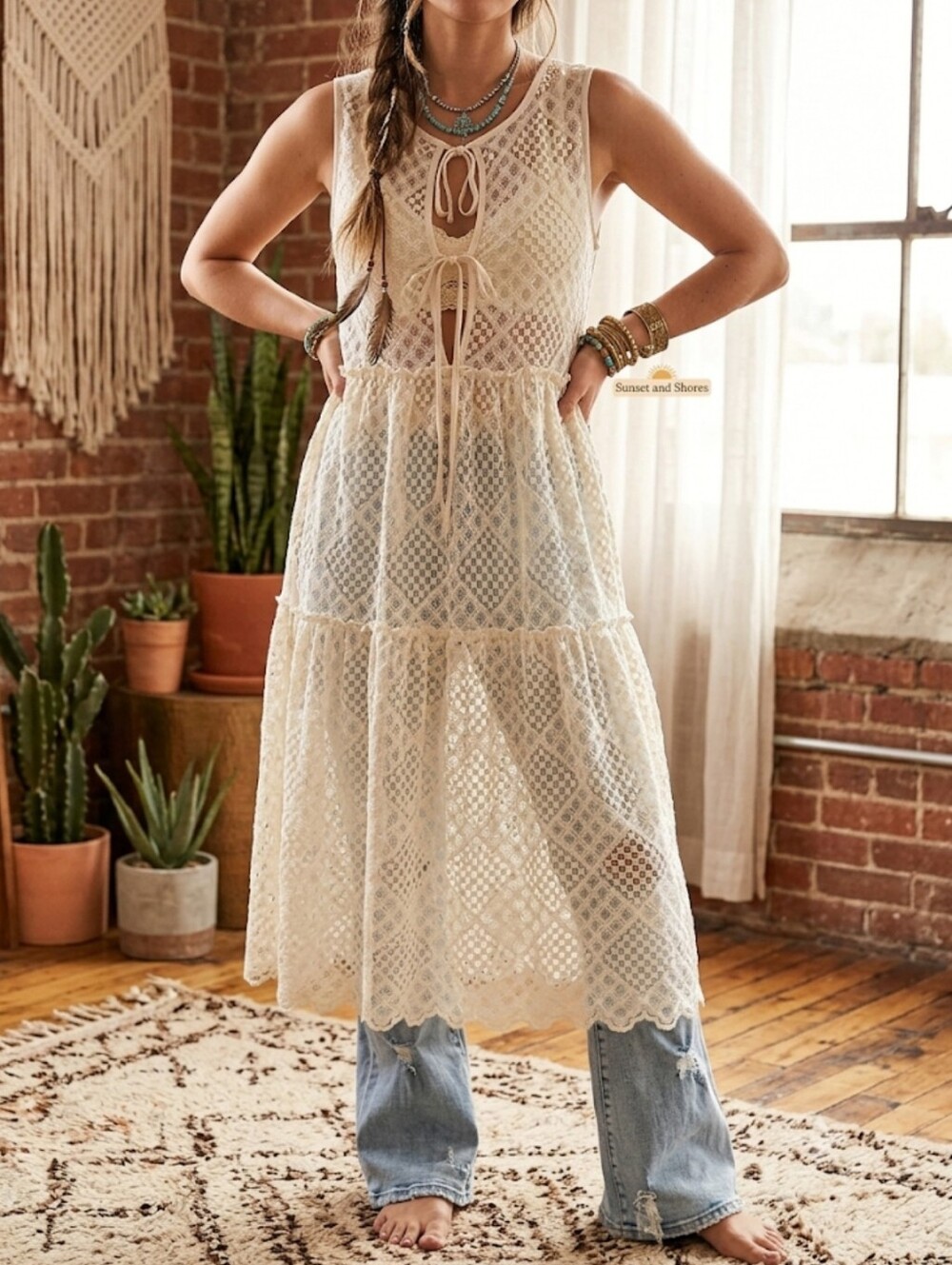 267 | Cream Crochet Tie-Front Midi Dress